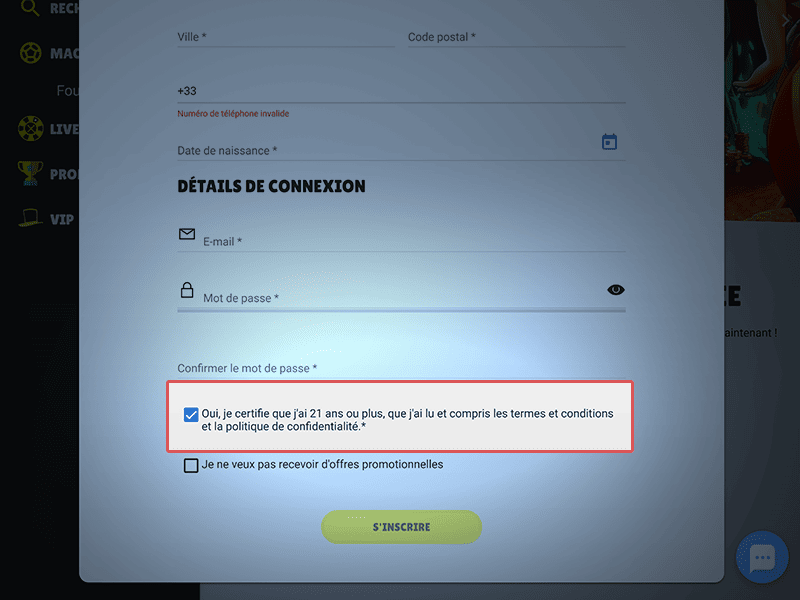 Approuvez les conditions générales d'utilisation du casino