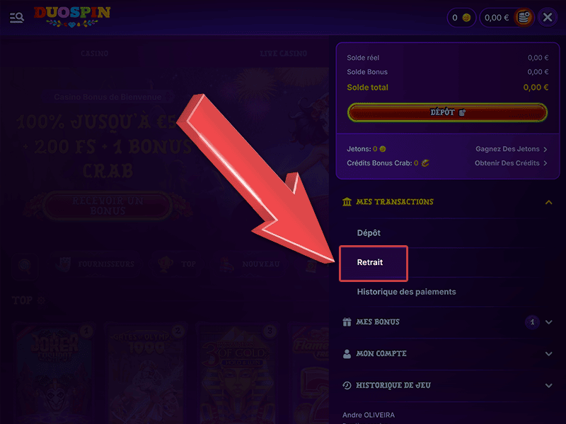 Accédez à la section « Retrait »