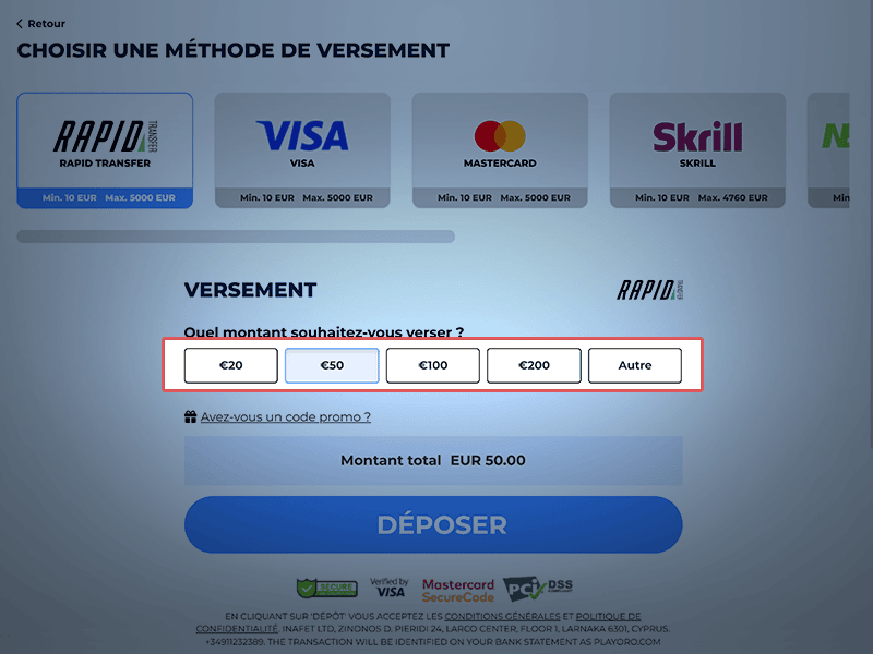 Renseignez le montant du dépôt