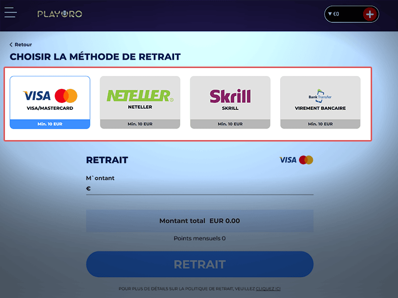 Choisissez une méthode de retrait