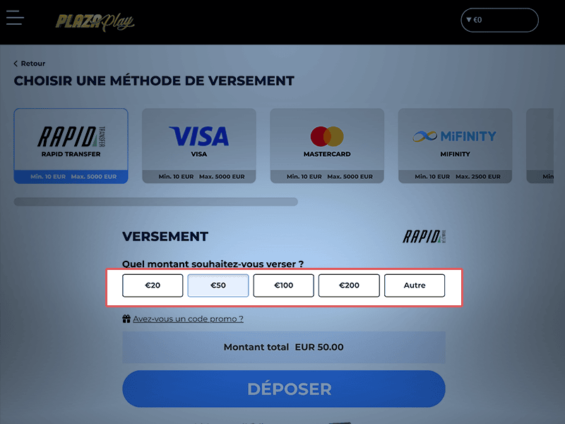 Indiquez le montant à déposer