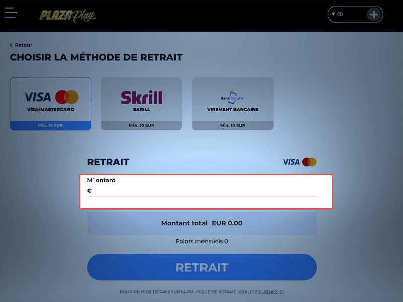 Saisissez le montant du retrait