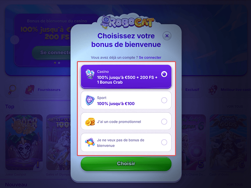 Choisissez un bonus de bienvenue