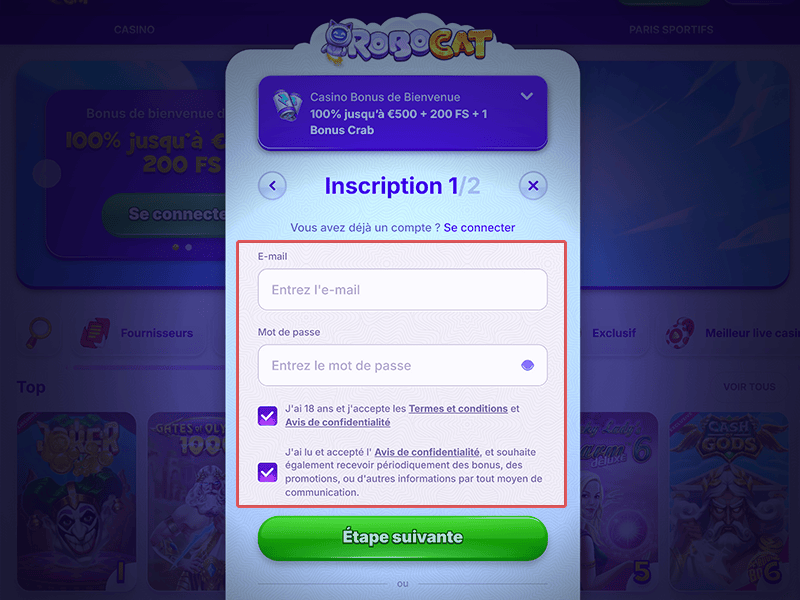 Renseignez votre e-mail et un mot de passe