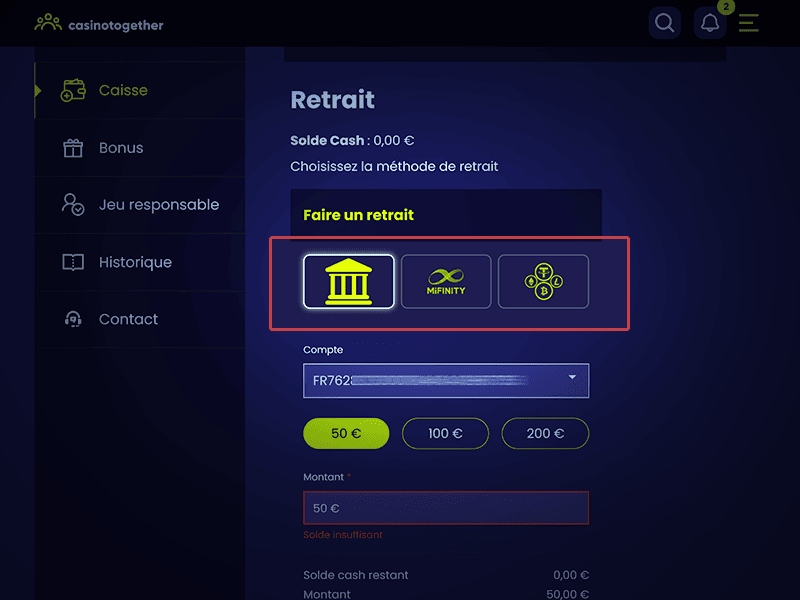 Sélectionnez une méthode de retrait