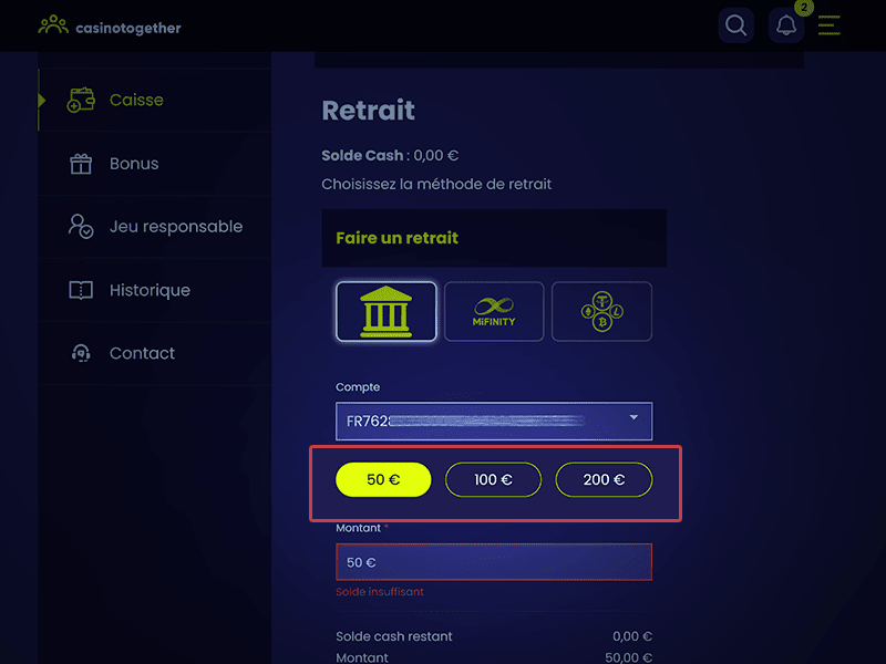 Définissez le montant à retirer