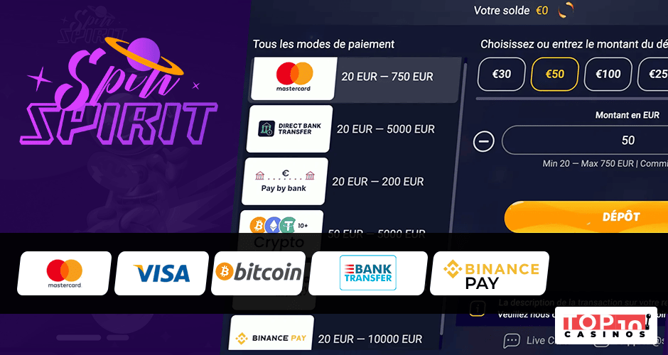 Méthodes bancaires de SpinSpirit Casino