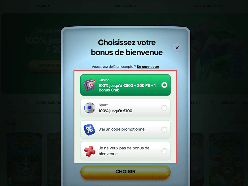 Choisissez un bonus de bienvenue