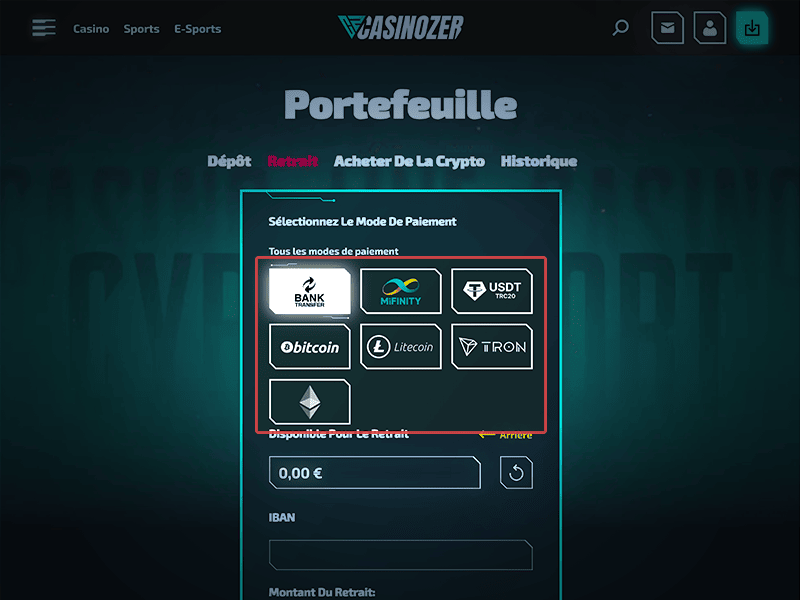 Sélectionnez une option de retrait