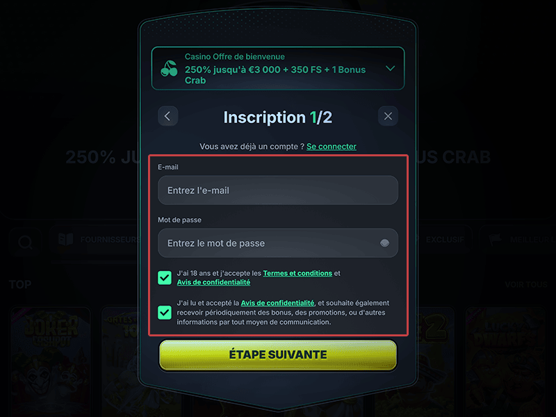 Renseignez les coordonnées du compte