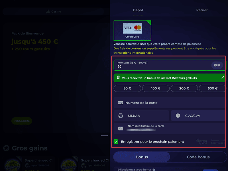 Renseignez les détails de paiement