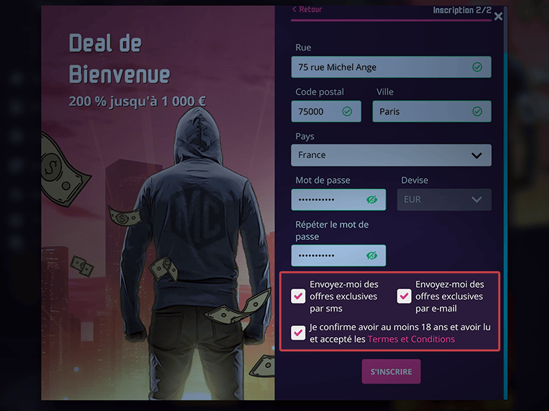 Complétez les infos et acceptez les Termes et Conditions