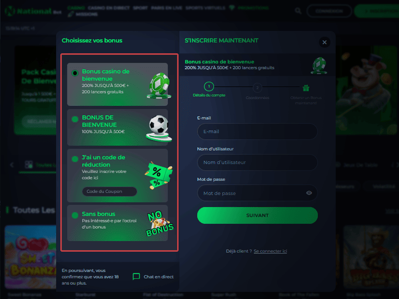 Optez pour le bonus de bienvenue