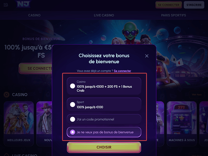 Choisissez un bonus de bienvenue