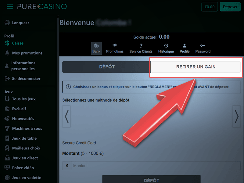 Accédez à la page « Retrait »