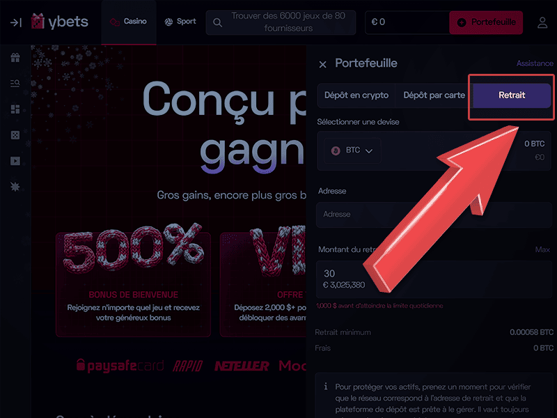 Rendez-vous sur la page « Retrait »
