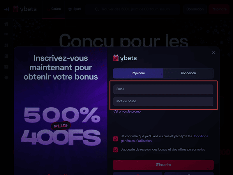 Saisissez votre e-mail et un mot de passe